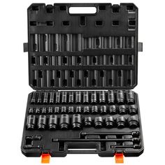 an open tool box filled with black and orange tools on a white backgroud