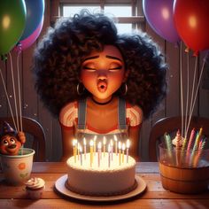 a woman blowing out candles on a birthday cake with balloons in the air behind her