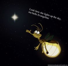 a cartoon character flying through the air at night