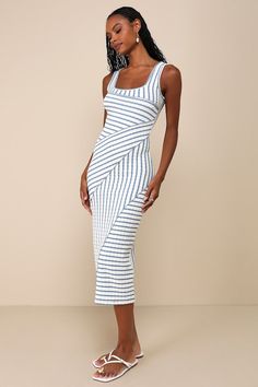 The Lulus Constantly Trendy Blue Striped Crinkle Bodycon Midi Dress is at the top of our ""to-wear"" list! Crinkly ribbed knit, decorated with blue and ivory stripes, creates wide tank straps, a square neckline, and a fitted bodice. Bodycon silhouette falls down to a midi skirt. Asymmetrical seaming with lettuce edges lend a unique effect throughout. Fit: This garment fits true to size. Length: Mid-calf length. Size medium measures 47" from shoulder to hem. Bust: Great for any cup size. Waist: F Skirt Asymmetrical, Square Neck Dress, Bodycon Midi Dress, Midi Dress Casual, Bodycon Midi, Blue Decor, Strapless Bra, Midi Dress Bodycon, Cup Size