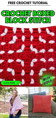 the crocheted blanket is red and white with text that reads, free crochet