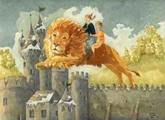 a painting of two children riding on the back of a lion in front of a castle