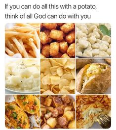 a collage of different food items including potatoes, tater tots and macaroni and cheese