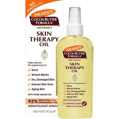 Palmer's Cocoa Butter Formula Skin Therapy Oil is an advanced multi-purpose skin perfection product that can be used all over the body. This preservative-free, lightweight formula contains an exclusive blend of key ingredients such as Vitamin E, Cetesomate-E, Sesame Oil, Canola Oil, and Rosehip Oil, formulated to help improve the appearance of scars, stretch marks, dry, damaged skin, uneven skin tone, aging skin and fine lines and wrinkles. This non-greasy, hypoallergenic, lightweight oil will l Cocoa Butter Formula Skin Therapy Oil, Skin Therapy Oil, Palmer's Cocoa Butter, Oils For Scars, Moisturizing Body Oil, Palmers Cocoa Butter, Cocoa Butter Formula, Oil For Dry Skin, Oil Skin Care