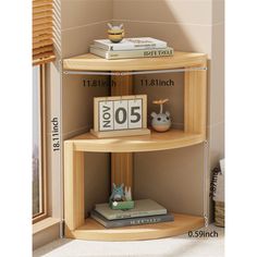 the corner shelf is made from wood and has two shelves with numbers on each side