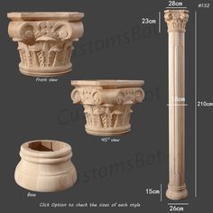 the size and measurements of an old style pillar with two vases on each side