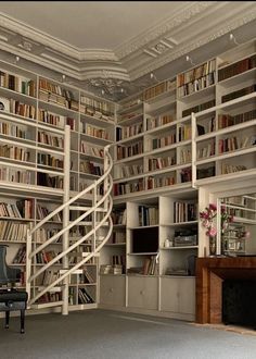 a room filled with lots of books next to a piano in front of a book case