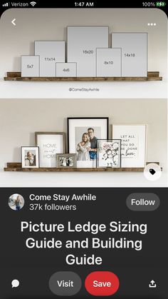 two shelves with pictures and frames on them