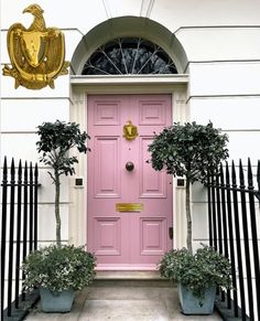 a pink door with potted plants in front of it