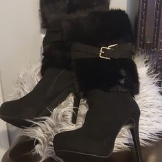 Luxe By Just Fab Faux Fur Stilleto Boots Size 11 High Heel Boots With Fur, Winter Evening Heeled Boots With Buckle Closure, Chic Platform Heels For Winter, Winter Heels With Buckle Closure For Night Out, Chic Platform Boots With Buckle Closure For Night Out, Winter Closed Toe Heeled Boots For Night Out, Winter Heeled Boots For Night Out With Closed Toe, Winter Night Out Heeled Boots With Closed Toe, Winter Heeled Boots For Night Out