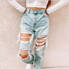 Cute Ripped Jeans, Style Wide Leg Pants, Hipster Women, Best Jeans For Women, Womens Ripped Jeans, Casual Denim Pants, Denim Pants Women, Outfit Jeans, Loose Jeans