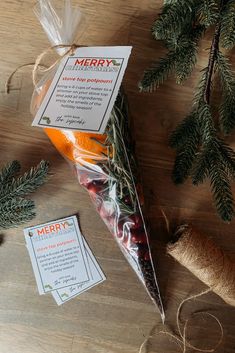 a package of dried fruit sitting on top of a wooden table next to some twine