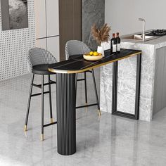 a modern kitchen with marble counter tops and bar stools next to the island table