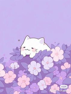 a white cat laying on top of purple flowers