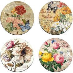 four coasters with flowers and butterflies on them