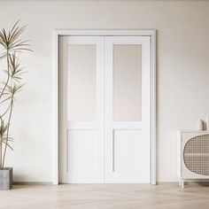 an empty room with a white door and potted plant on the floor next to it