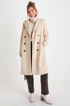 Season of Sophistication Cream Double-Breasted Coat Cream Belted Coat, Womens Wool Coat Outfit, Winter Coats Outfits Women, Chic Romantic Style, Whats Trending Now Fashion, Long Coat And Dress Outfit, White Trench Coat Outfit Women, High End Clothes, Wool Coat With Buttons