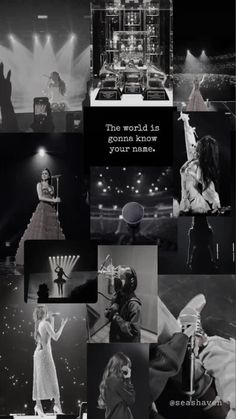 black and white collage with images of people on stage, in front of microphones