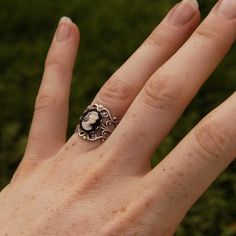 Victorian style antiqued sterling silver plate filigree ring which is fully adjustable.At its center is a 10x8mm black and white womans profile cameo. Dark Academia Rings, Womans Profile, Dark Academia Accessories, Dark Academia Jewelry, Victorian Accessories, White Lady, Antique Style Rings, Purple Lady, Image Swag