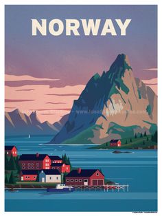 an image of norway with mountains and houses on the water in the foreground,