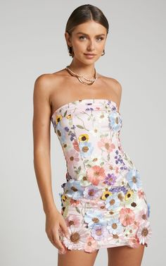 Wren Mini Dress - Strapless Bodycon Garden Flowers Dress in Pink | Showpo USA Pink Floral Applique Mini Dress For Summer, Strapless Floral Embroidery Dress For Garden Party, Party Mini Dress With Floral Print And Straight Neckline, Pink Floral Applique Mini Dress For Spring, Spring Pink Mini Dress With Floral Applique, Strapless Floral Embroidery Dress For Spring, Glamorous Floral Embroidery Summer Dress, Glamorous Summer Dresses With Floral Embroidery, Glamorous Mini Dress For Garden Party