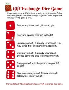 the gift exchange dice game is shown with instructions for how to play it and what to give