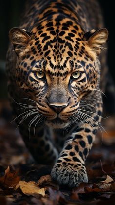 a close up of a leopard walking on leaves with its eyes open and one paw in the air