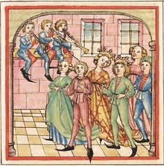 an illustration of a group of people in medieval clothing, with one man playing the flute