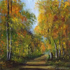 an oil painting of a dirt road surrounded by trees with yellow and red leaves on it