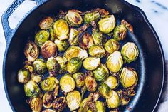 brussel sprouts in a cast iron skillet