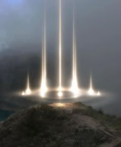 an artist's rendering of light emitting from the top of a mountain