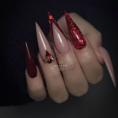 Ruby Nails, Red Stiletto Nails, Paznokcie Hello Kitty, Stilleto Nails Designs, Red Nails Glitter, Unghie Nail Art, Nail Designs Ideas