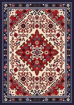 a red and white rug with an intricate design on the bottom, surrounded by blue trimming