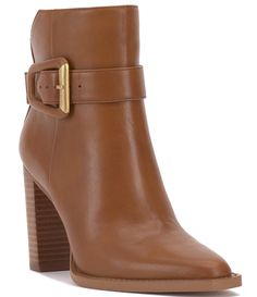 From Vince Camuto&#x2C; the Lorree Leather Buckled Strap Heeled Booties feature:Leather upperBuckled strap detailBack zipper closureTextile liningSynthetic outsoleApprox.3.5" boot shaft heightApprox. 10.6" boot shaft circumferenceApprox. 3.5" heel heightImported. Engraved Logo, Leather Buckle, Dillard's, Designer Wear, Leather Booties, Strap Heels, Boot Shoes Women, Vince Camuto, Bootie