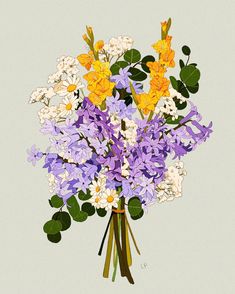 a bouquet of purple, yellow and white flowers