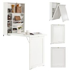 a white desk with shelves and doors open