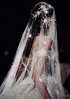 the back of a woman's wedding dress with snow flakes on her veil