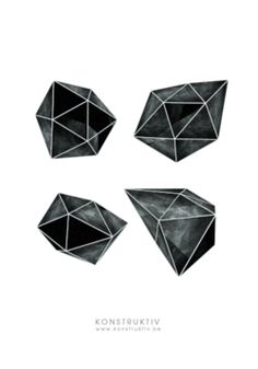 three black and white drawings of geometric shapes