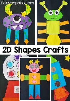 some paper crafts that are made to look like children's drawings and the words, 20 shapes crafts