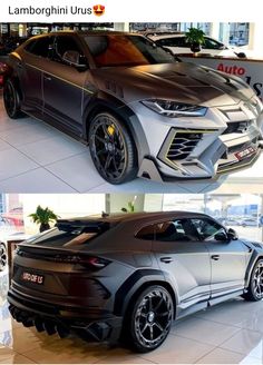 two pictures of the same car in different stages of being displayed at an auto show