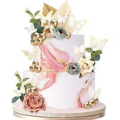 a white and pink marble cake with gold decorations on the top, surrounded by flowers