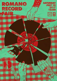 a poster for the record fair with hands holding up a record and another hand reaching out to it