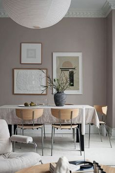 a dining room table with chairs and a potted plant