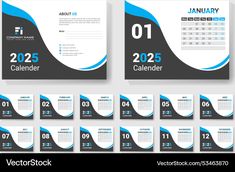 a set of calendars with blue waves on the front and back cover, in black and