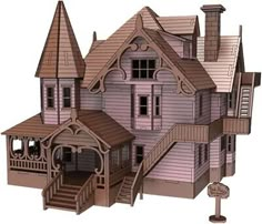 a wooden doll house is shown with stairs and balconies on the second floor