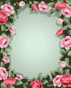 a floral frame with pink roses and green leaves