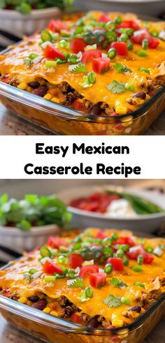 mexican casserole recipe in two separate pans with the same topping on top