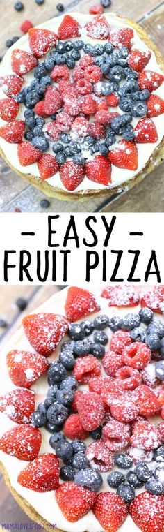 an easy fruit pizza recipe with fresh strawberries and blueberries