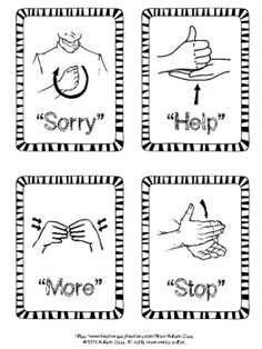 four square pictures with different words and hand gestures on them, including the word stop