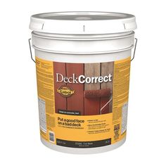 a bucket of deckcorrett paint on a white background